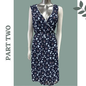 Part Two Sleeveless Faux Wrap Lined Dress Blue Print Tie Waist Size  10